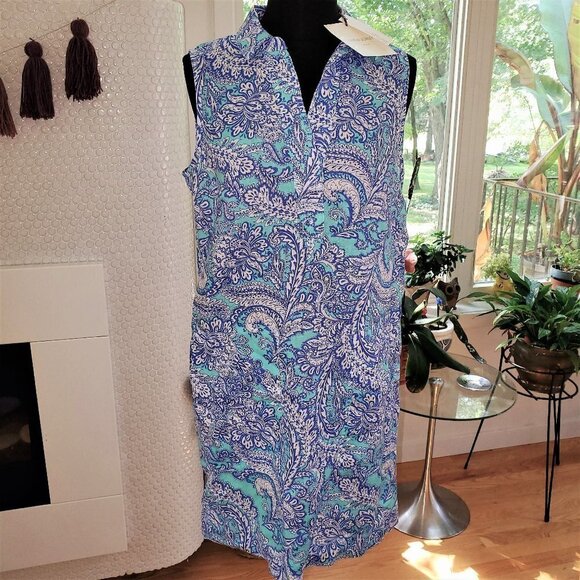 NWT Cynthia Rowley Paisley Linen Shift Dress Turquoise Size 4 Summer Tra… - Picture 1 of 4